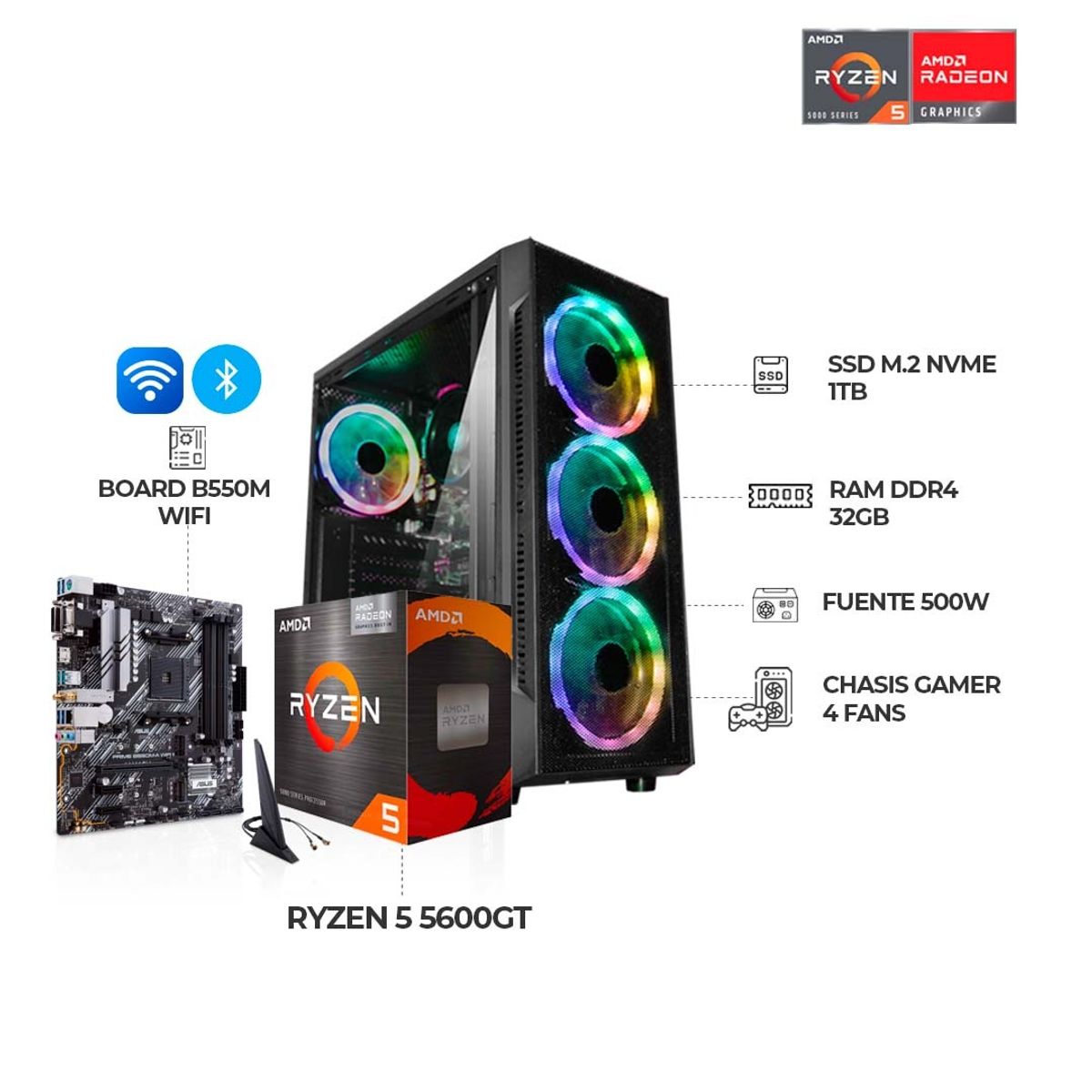 AMD - TORRE GAMER AMD RYZEN 5 5600GT RAM 32GB SSD 1TB B550 WIFI CHASIS 4 FANS RGB 500W