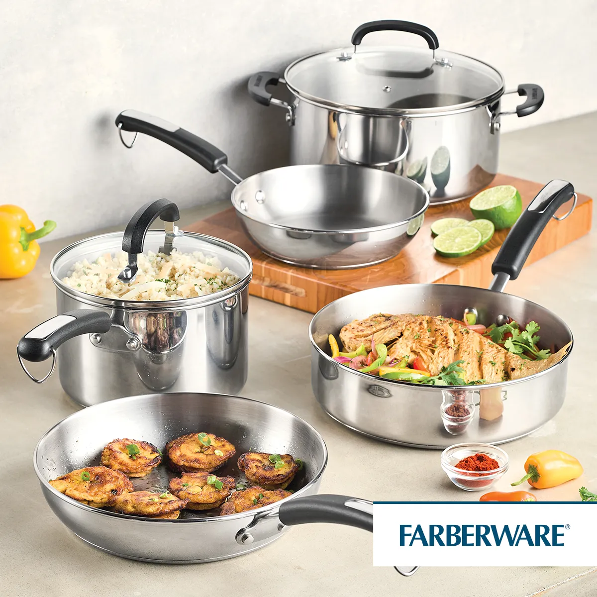 FARBERWARE - Juego de ollas 7pzs Acero Inoxidable Silver Brilliance Farberware