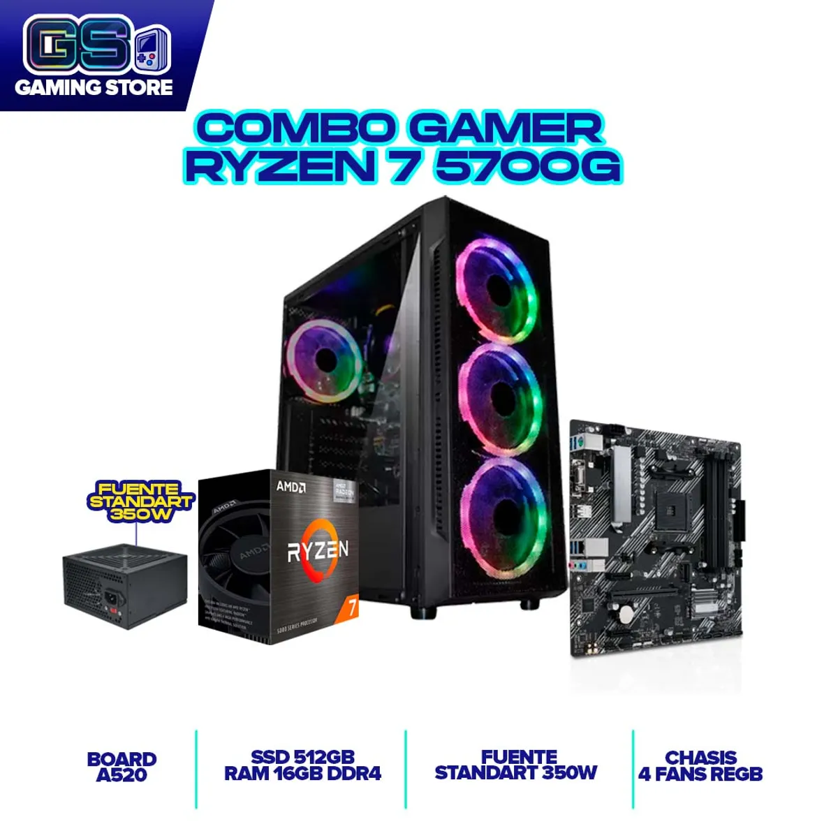 AMD - TORRE GAMER AMD RYZEN 7 5700G RAM 16GB 512GB NVME A520 CHASIS 4 FANS RGB 350W