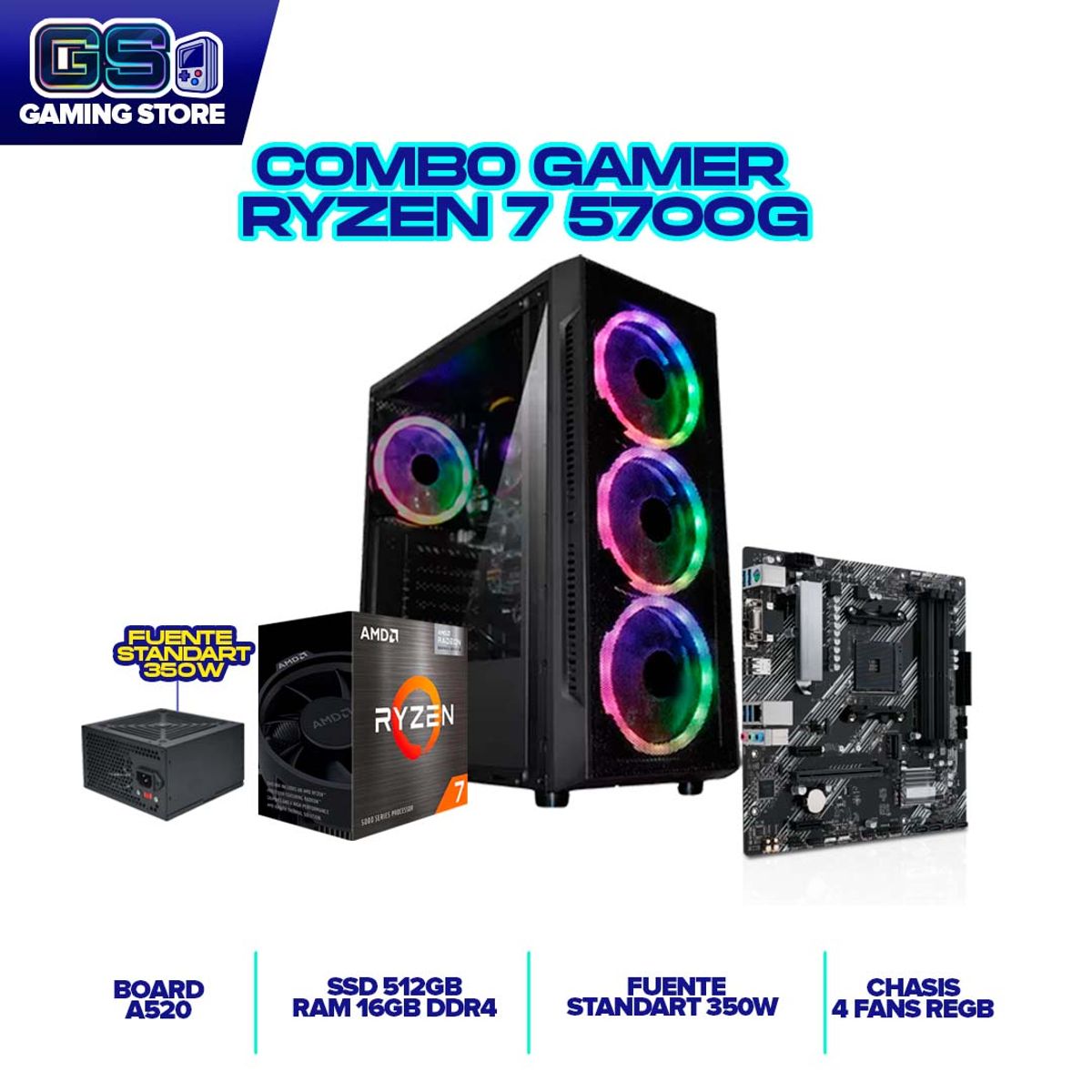 AMD - TORRE GAMER AMD RYZEN 7 5700G RAM 16GB 512GB NVME A520 CHASIS 4 FANS RGB 350W
