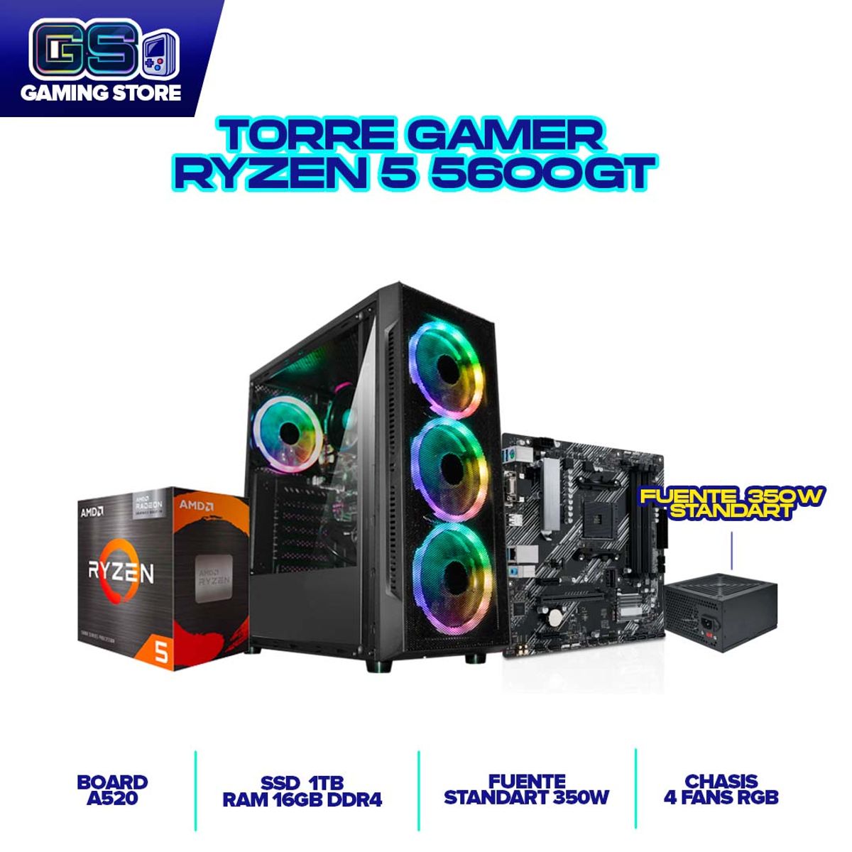 AMD - COMPUTADOR GAMER RYZEN 5 5600GT - RAM 16GB DDR4- 1TB - CHASIS 4 FANS RGB - A520M