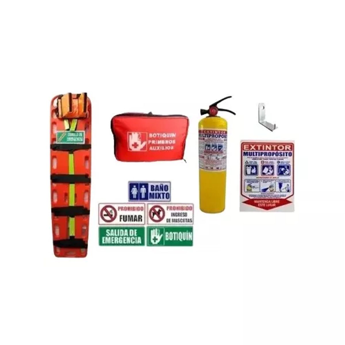 NACIONAL - KIT DE CAMILLA BOTIQUIN EXTINTOR ABC 10 LB Y SEÑALIZACION