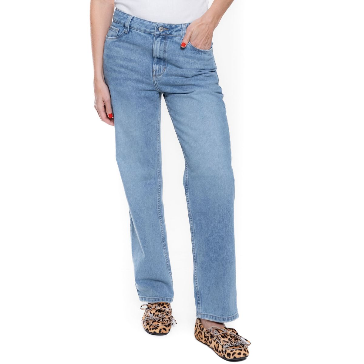COLOR BLUE - High Waist Straight Fit Jeans Tono Medio