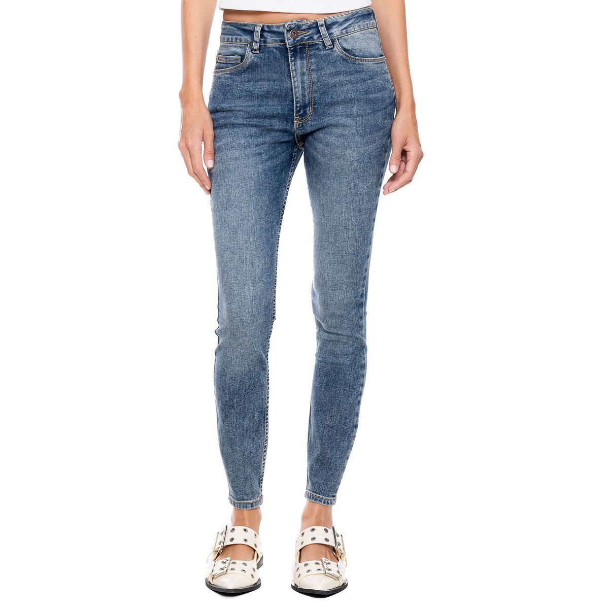 COLOR BLUE - Medium Waist Skinny Fit Jeans Tono Medio