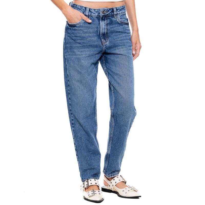 COLOR BLUE - High Waist Mom Fit Jeans Tono Oscuro
