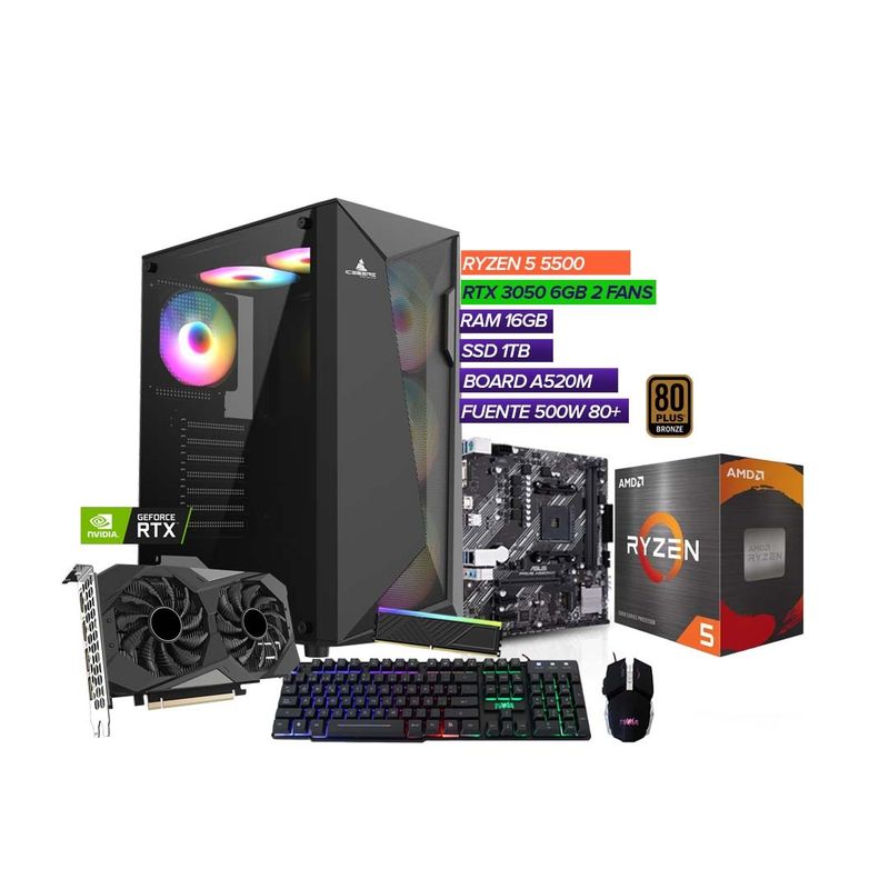AMD - COMPUTADOR GAMER RYZEN 5 5500 / 3050 6GB / RAM 16GB / SSD 1TB / CHASIS 4 FAN