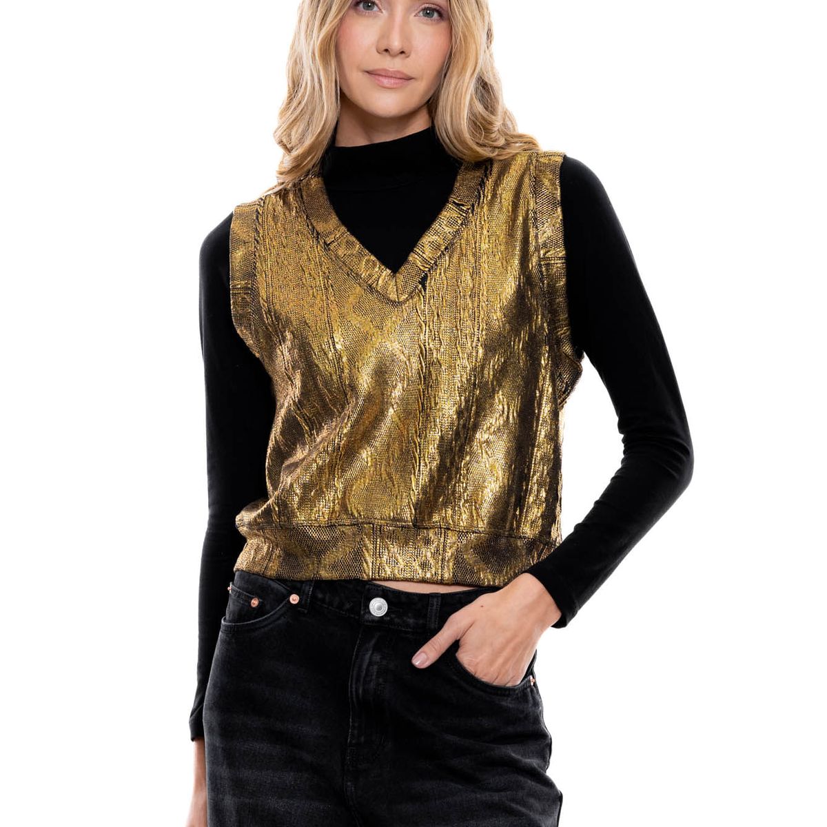 COLOR BLUE - Chaleco Cuello En V Efecto Foil