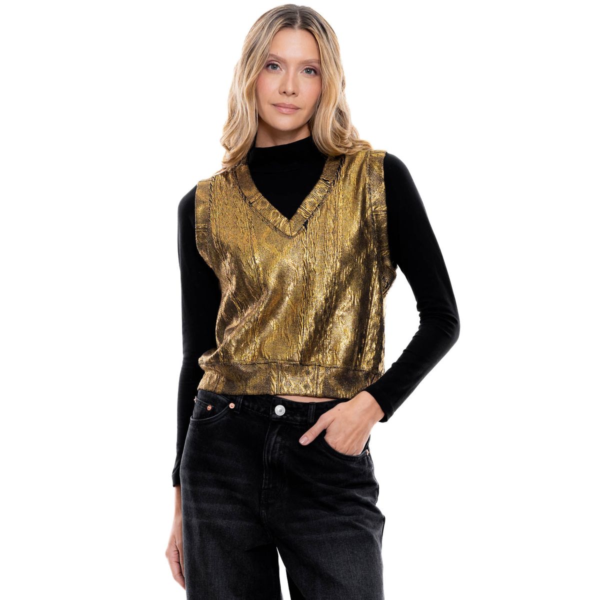 COLOR BLUE - Chaleco Cuello En V Efecto Foil