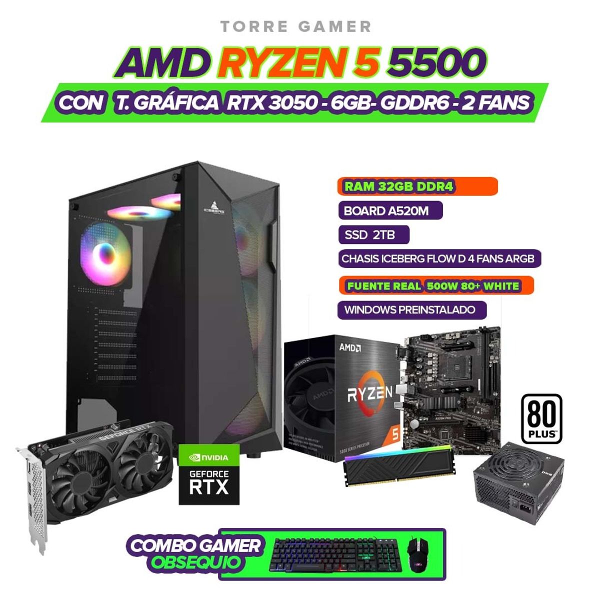AMD - COMPUTADOR GAMER RYZEN 5 5500 / 3050 6GB / RAM 32GB / SSD 2TB / CHASIS 4 FAN / 500W 80+