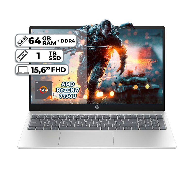 HP - PORTATIL HP 15 FC0012LA AMD RYZEN 7 7730U 64GB RAM 1TB SSD PANTALLA 15,6" FHD