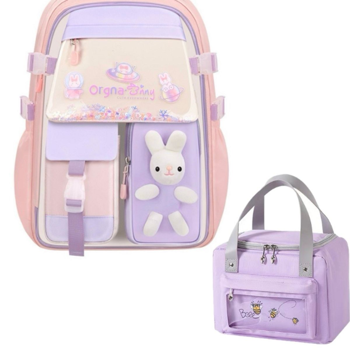 AGUGU STORE - Morral Mochila Bolso Escolar Kawaii Conejo + Lonchera