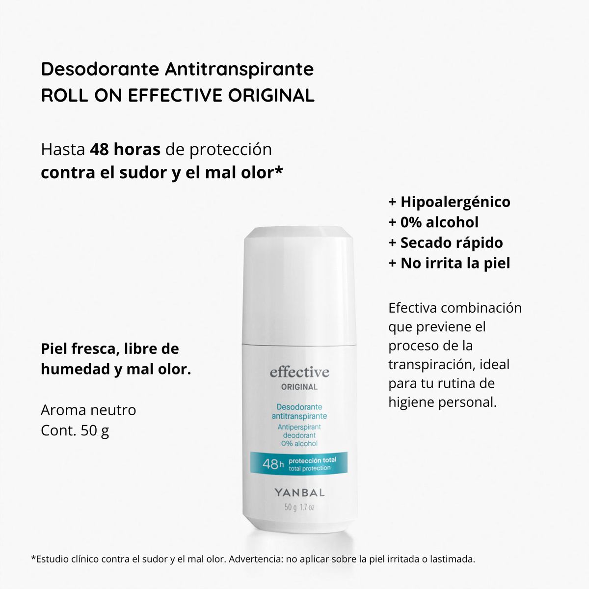 YANBAL - Desodorante Antitranspirante Roll On Effective Original Protección 48h 50 g