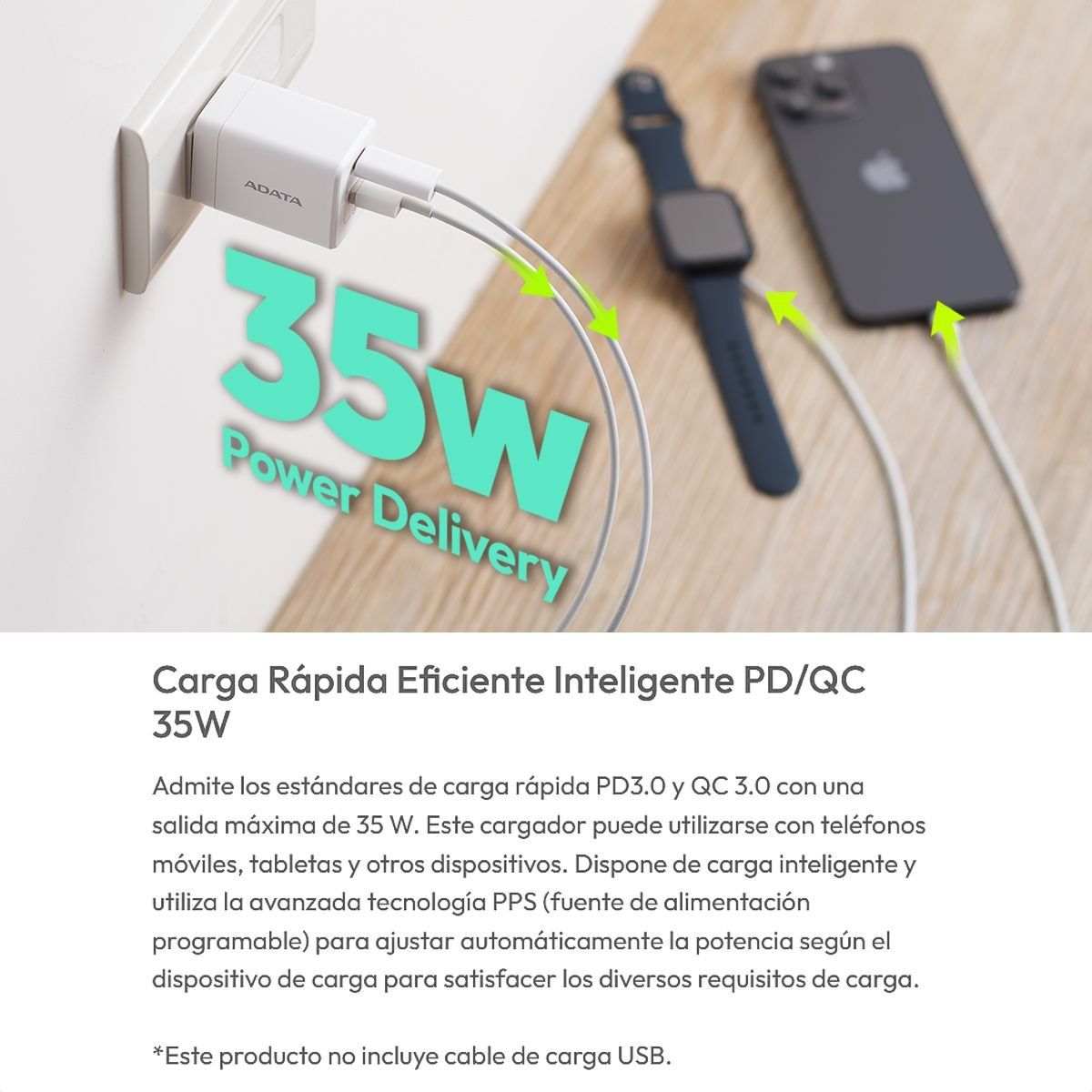 ADATA - Cargador Rápido Compacto Adata Gan 35w 2en1 USB-A  USB-C Blk