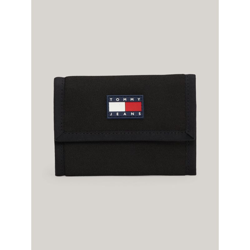 TOMMY HILFIGER - Billetera negra plegable en tres partes con parche Tommy Hilfiger