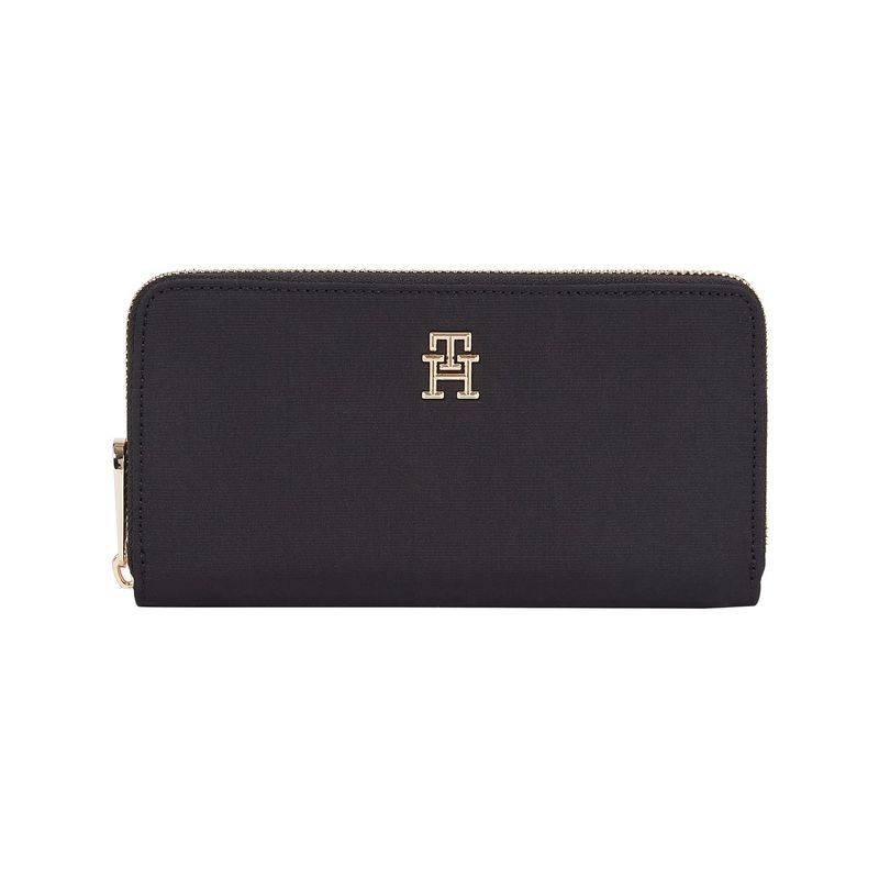 TOMMY HILFIGER - Billetera negra grande con cremallera y monograma TH Tommy Hilfiger