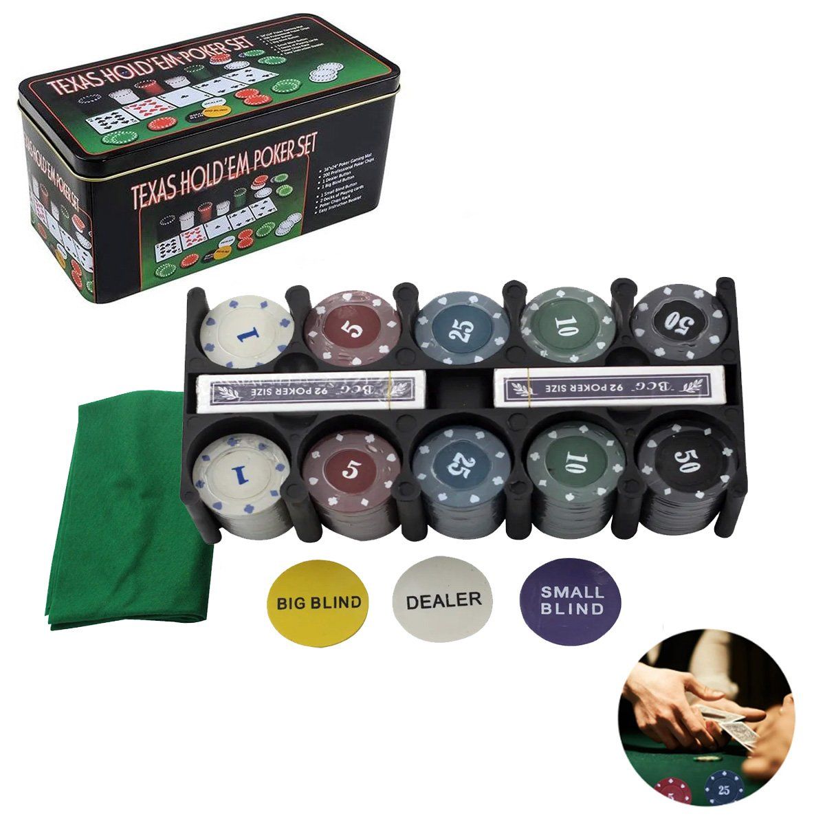 GENERICO - Set Poker Juego De Cartas Tipo Casino 200 Fichas Tapete