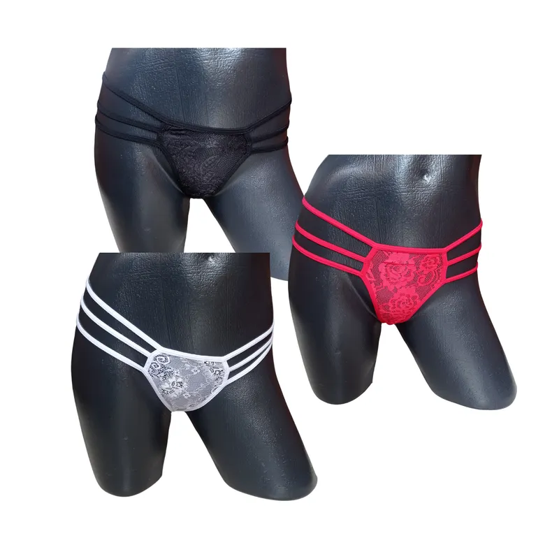 GENERICO - Tanga hilo en encaje femenina panty 3 unid 3 tiras y moño