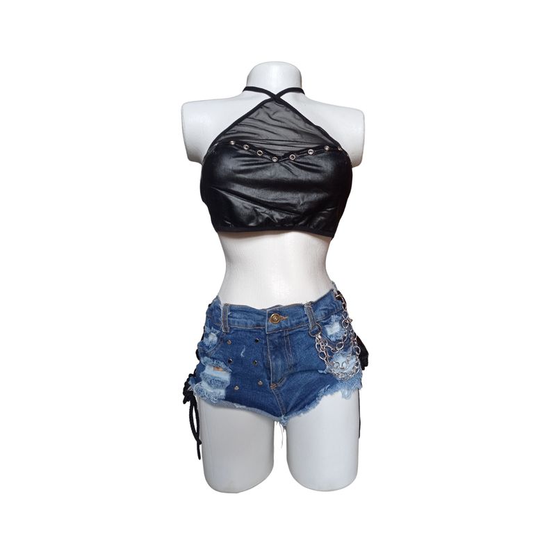 GENERICO - Conjunto short Jean sexy y blusa negra Talla única Lenceria Erótica