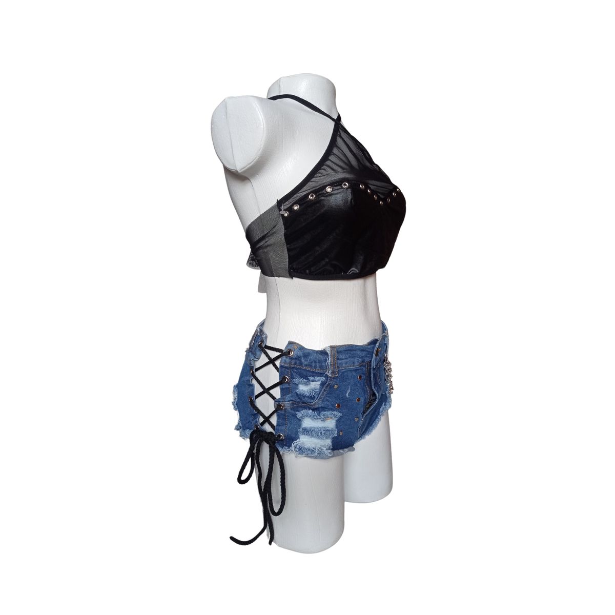 GENERICO - Conjunto short Jean sexy y blusa negra Talla única Lenceria Erótica