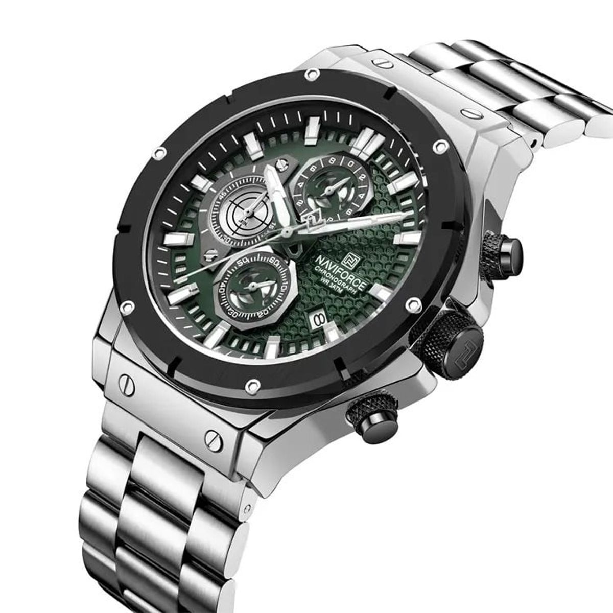 NAVIFORCE - Reloj De Hombre Marca Naviforce Acero Cronógrafos Calendario Plateado