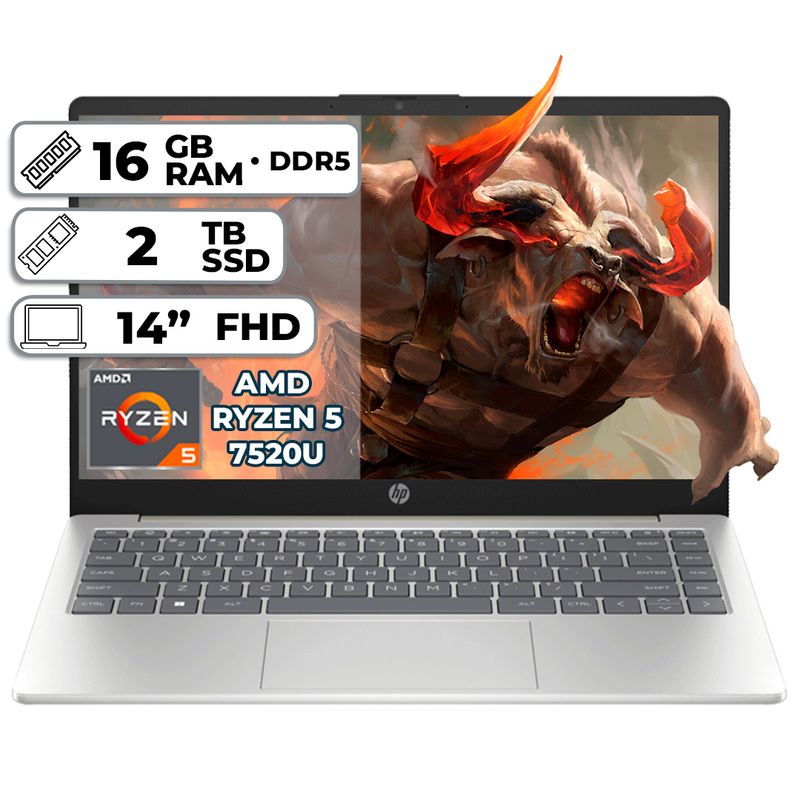 HP - PORTATIL HP RYZEN 5 7520U 16GB RAM LPDDR5 2TB SSD  14" FHD SILVER