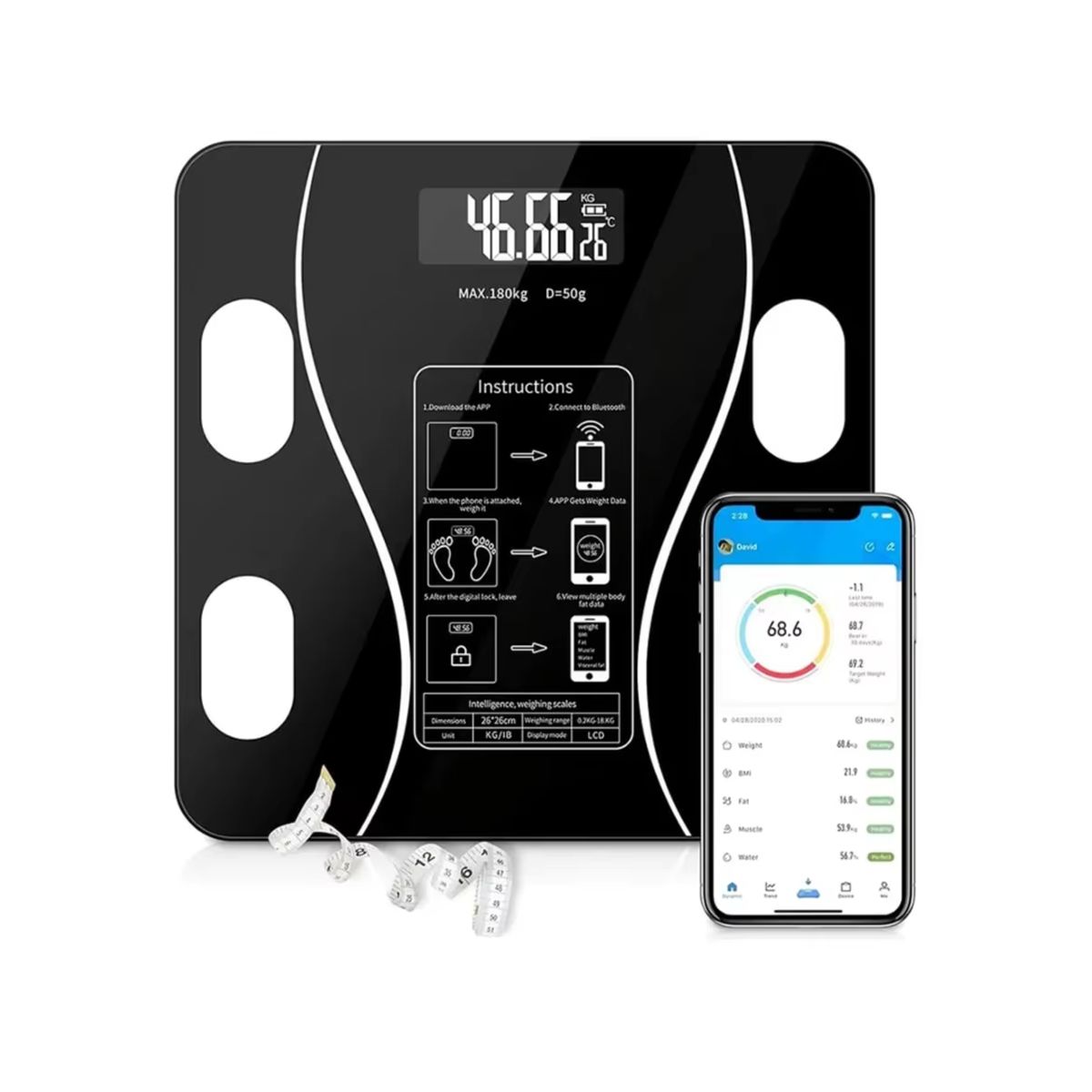 GENERICO - Báscula Inteligente Bluetooth Peso Digital y Grasa Corporal Hasta 180kg 2017A