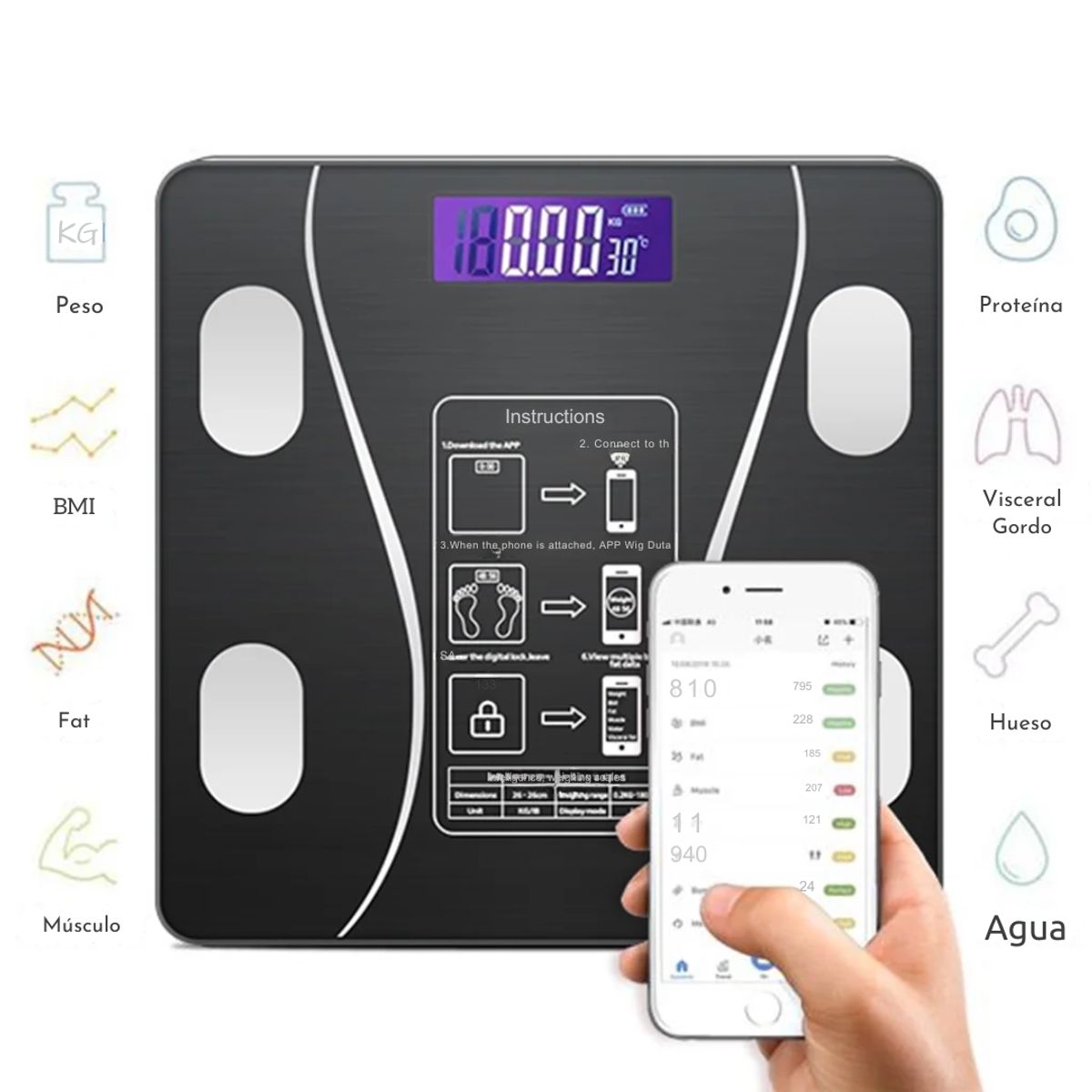 GENERICO - Báscula Inteligente Bluetooth Peso Digital y Grasa Corporal Hasta 180kg 2017A