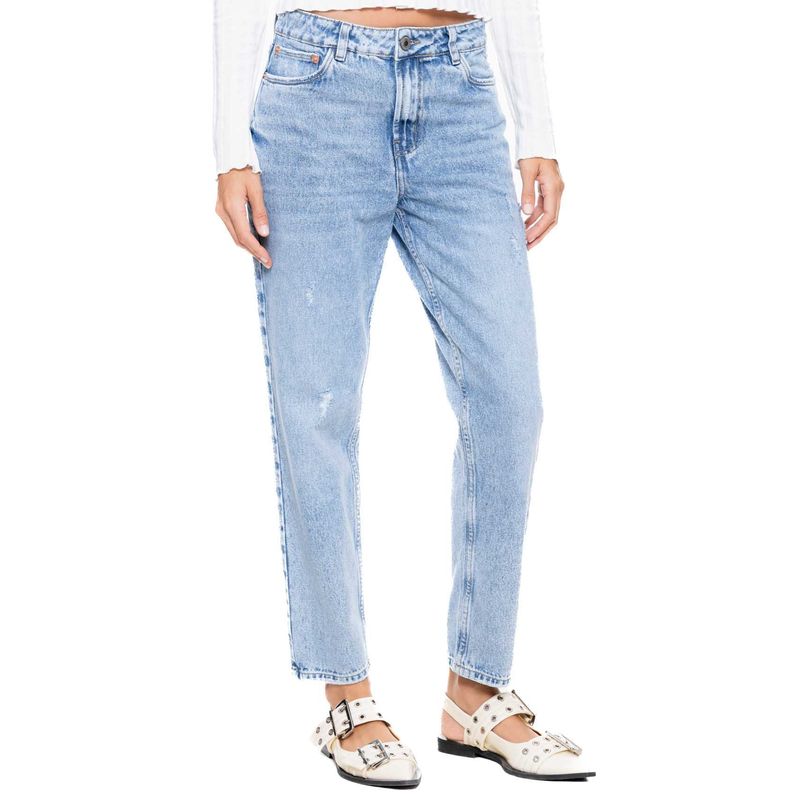 COLOR BLUE - High Waist Mom Fit Jeans Tono Medio Con Rotos