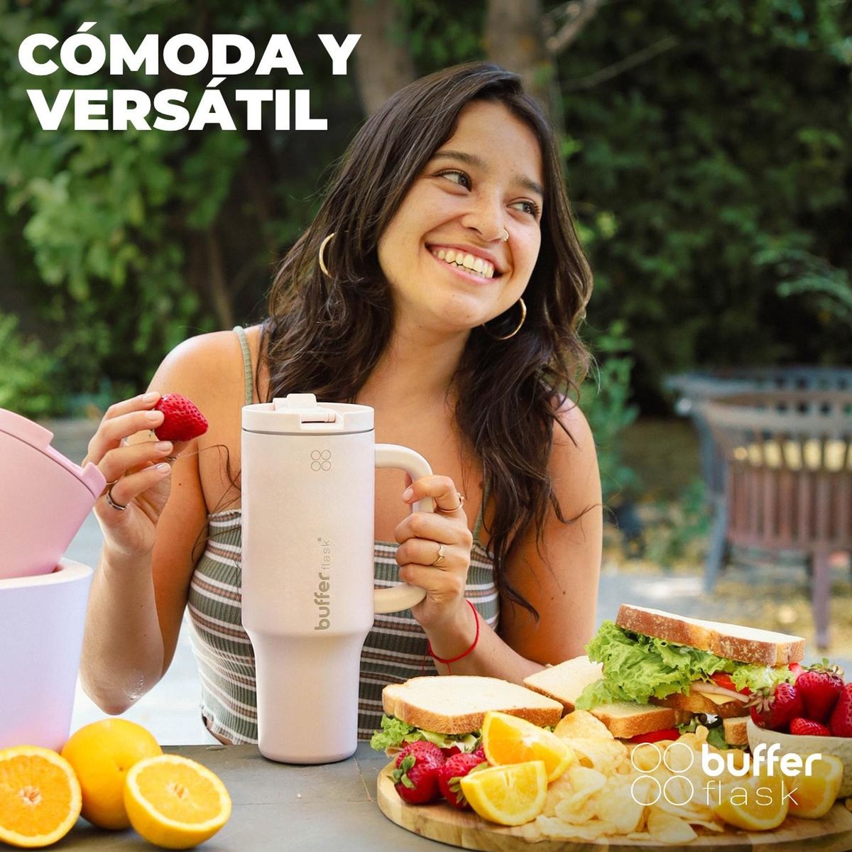 BUFFER FLASK - Termo Vaso Termico Con Pitillo 1,2 lt Buffer Acero Inox - Rosa claro