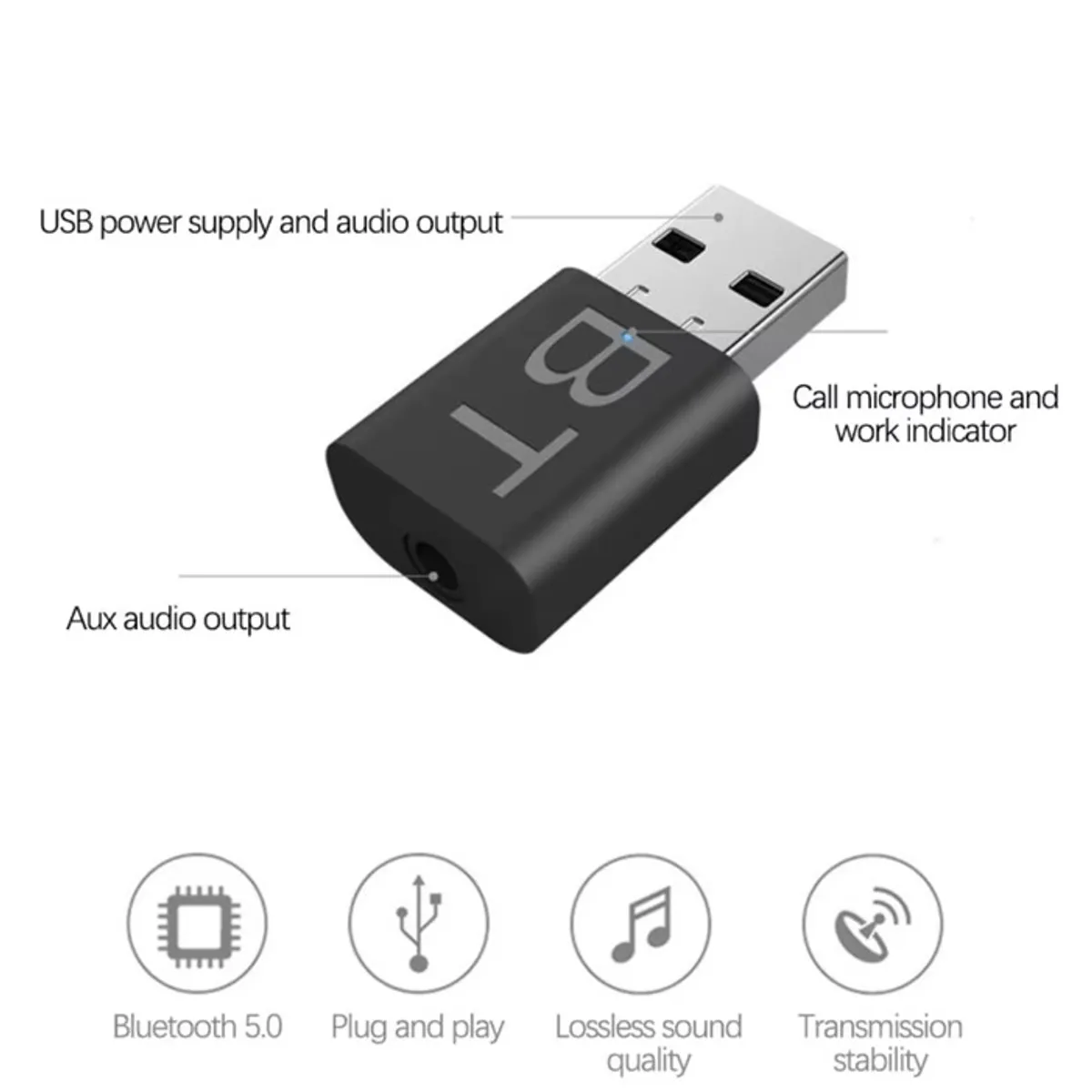 GENERICO - Receptor Mini Transmisor Bluetooth 5.0 2 En 1 Usb Plug 3.5mm