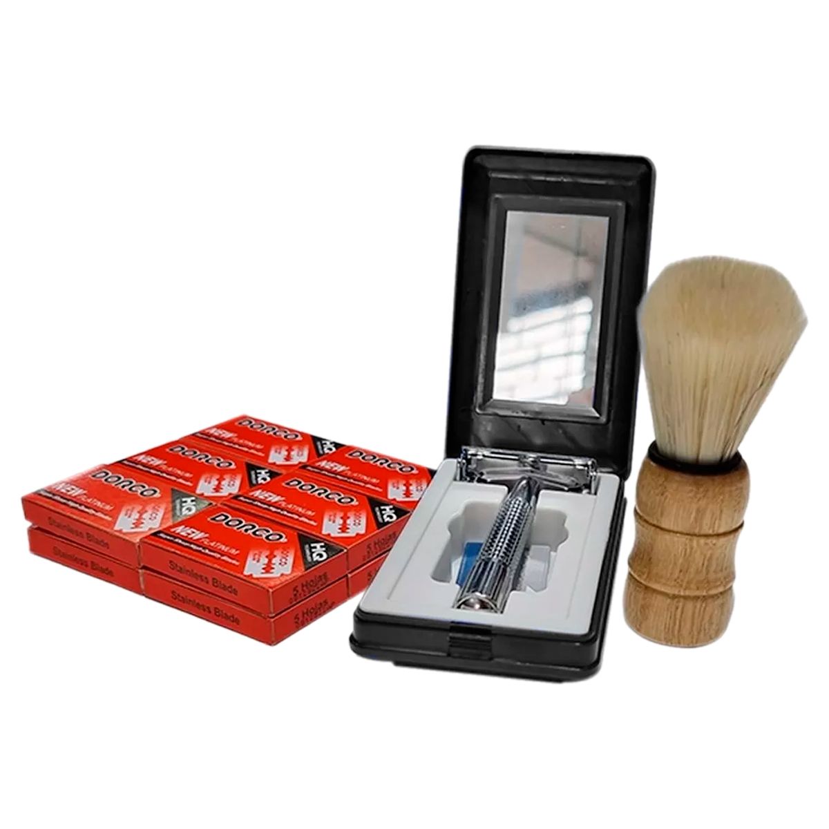 GENERICO - Kit x3 Estuche Máquina Clásica + 60 cuchillas + Brocha Afeitar NEGRO