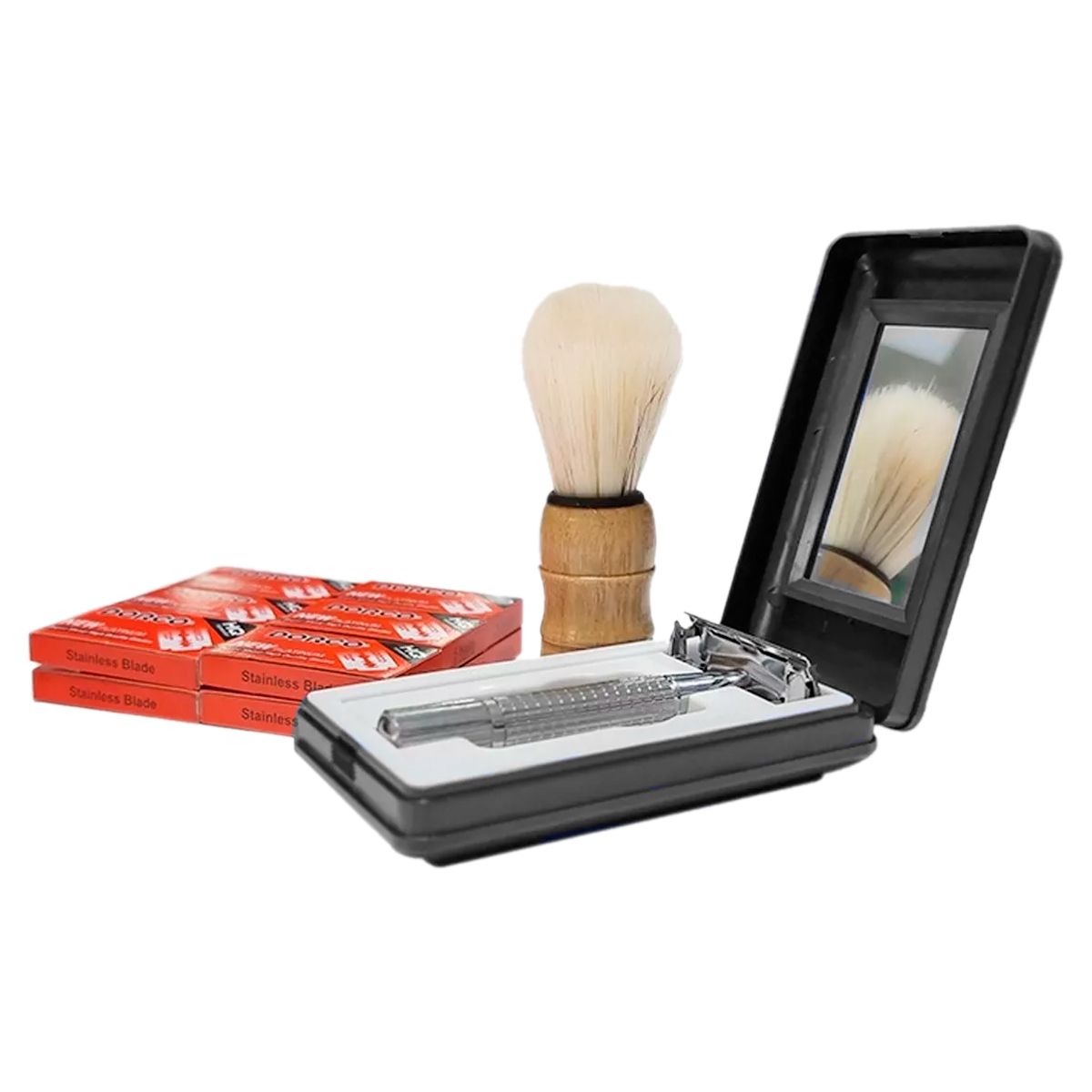 GENERICO - Kit x3 Estuche Máquina Clásica + 60 cuchillas + Brocha Afeitar NEGRO