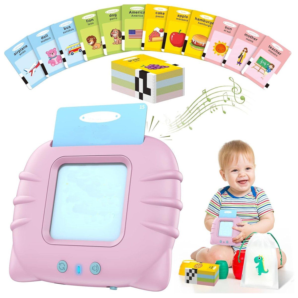 GENERICO - Lector Bilingue Tarjetas Interactivas  Ingles Español ROSADO