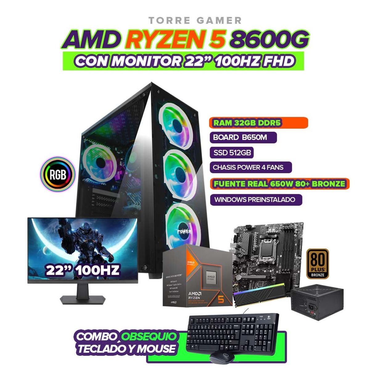 AMD - PC GAMER RYZEN 5 8600G MONITOR 22 100HZ / RAM 32GB DDR5 / SSD 512GB / B650M