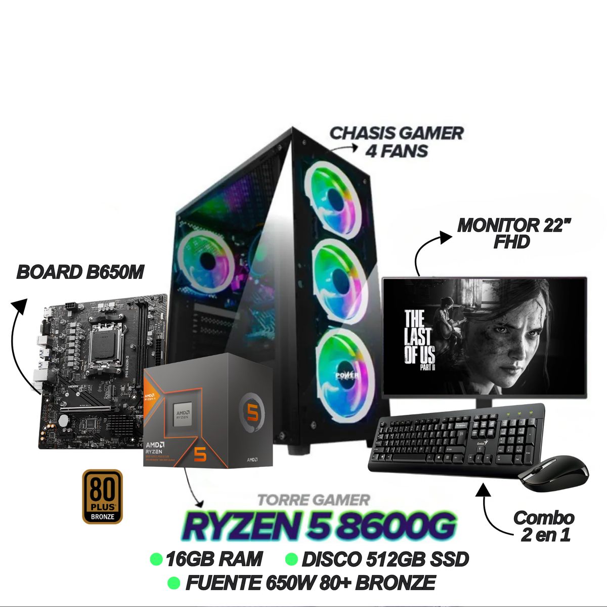 AMD - PC GAMER RYZEN 5 8600G - 16GB RAM - SSD 512GB - B650M - 650W - MONITOR 22" FHD + COMBO