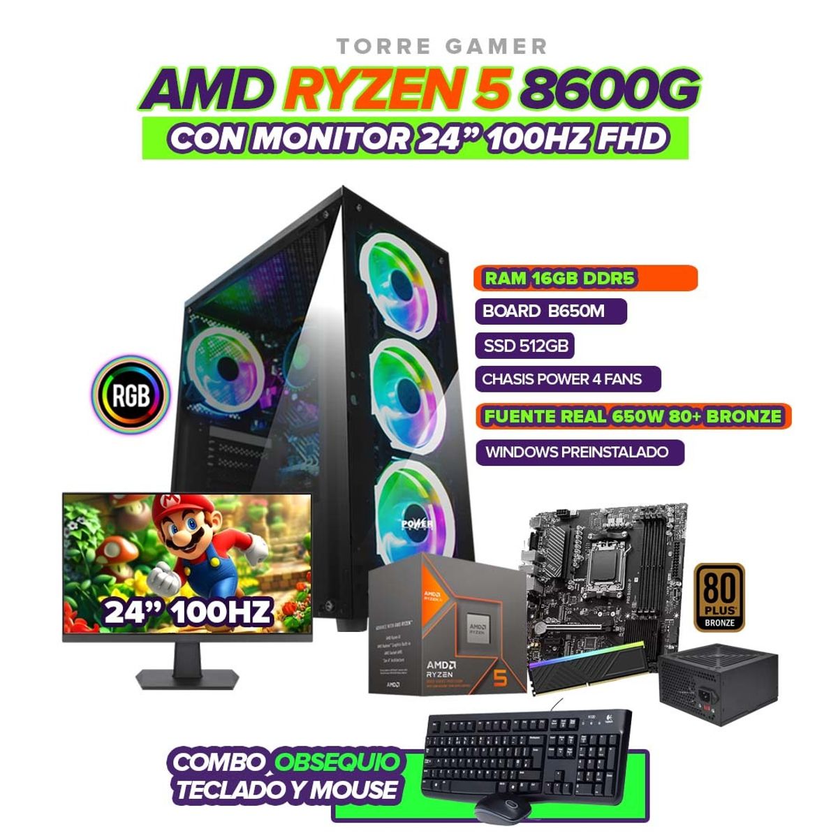 AMD - PC AMD RYZEN 5 8600G / RAM 16GB / SSD 512GB / B650 / 650W 80+ / MONITOR 24" FHD