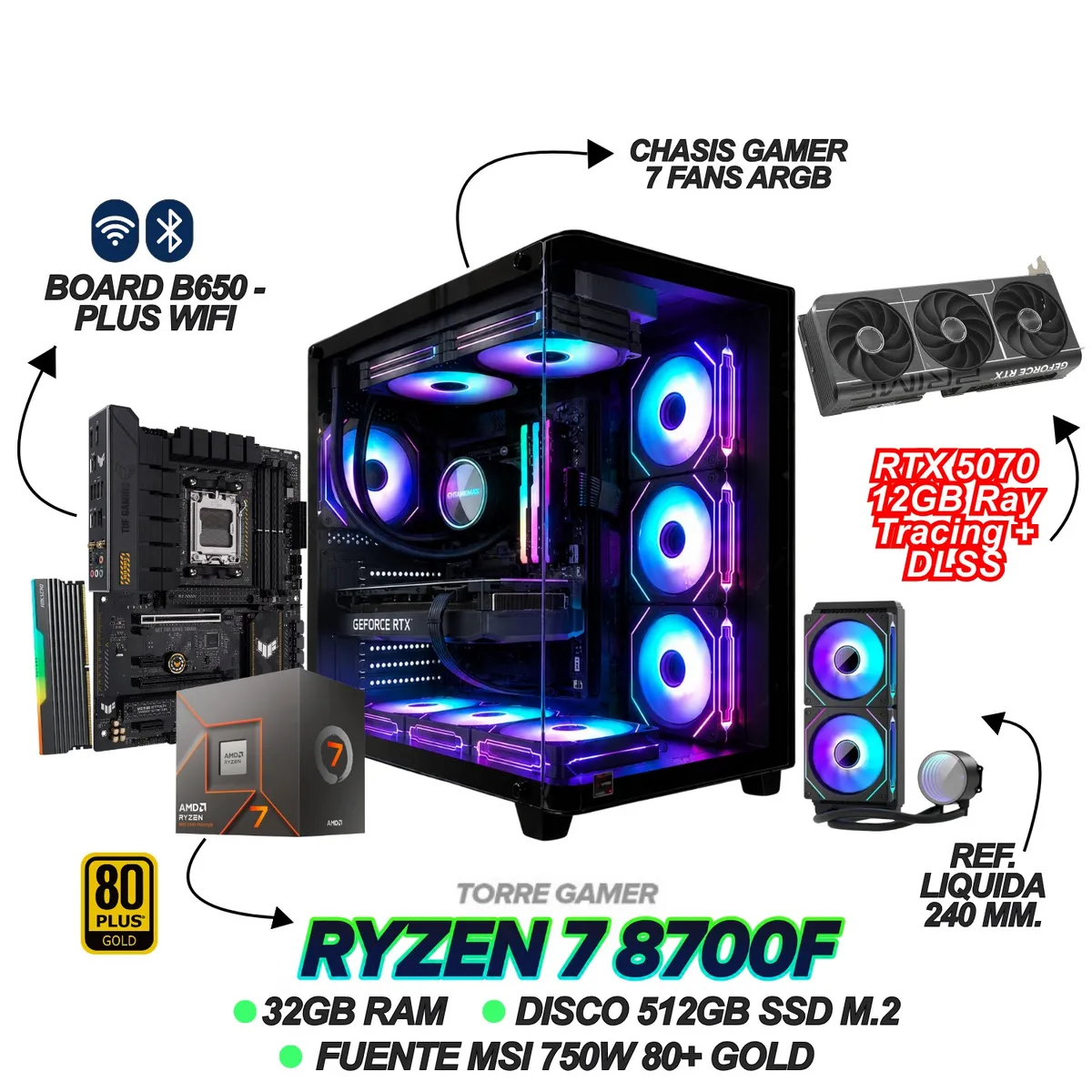 AMD - TORRE GAMER RYZEN 7 8700F - RTX 5070 12GB - 32GB RAM - 512GB SSD - B650-PLUS WIFI - 750W GOLD