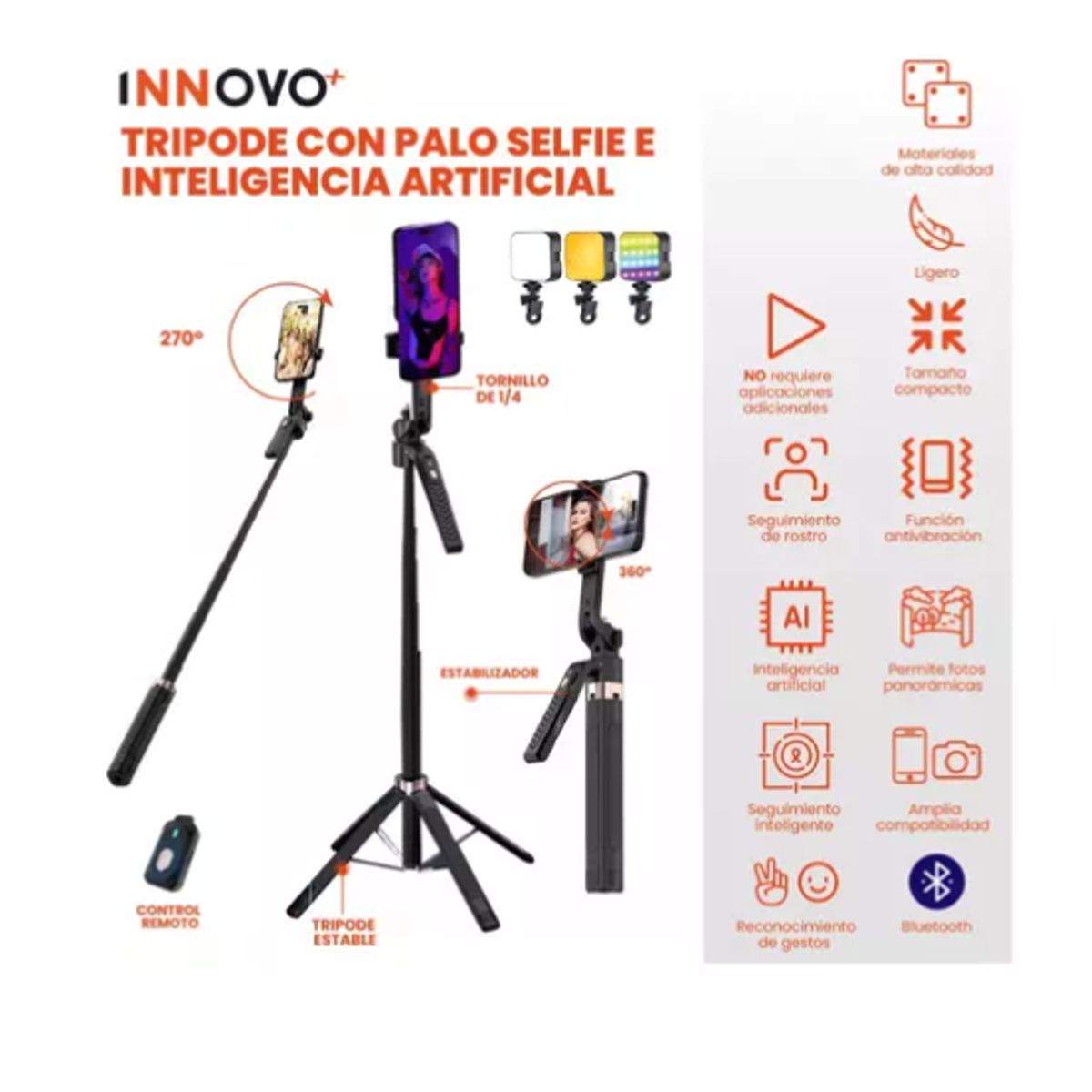 INNOVA - Palo Selfie Seguimiento Facial Trípode Todo En 1 Selfie Con Bluetooth