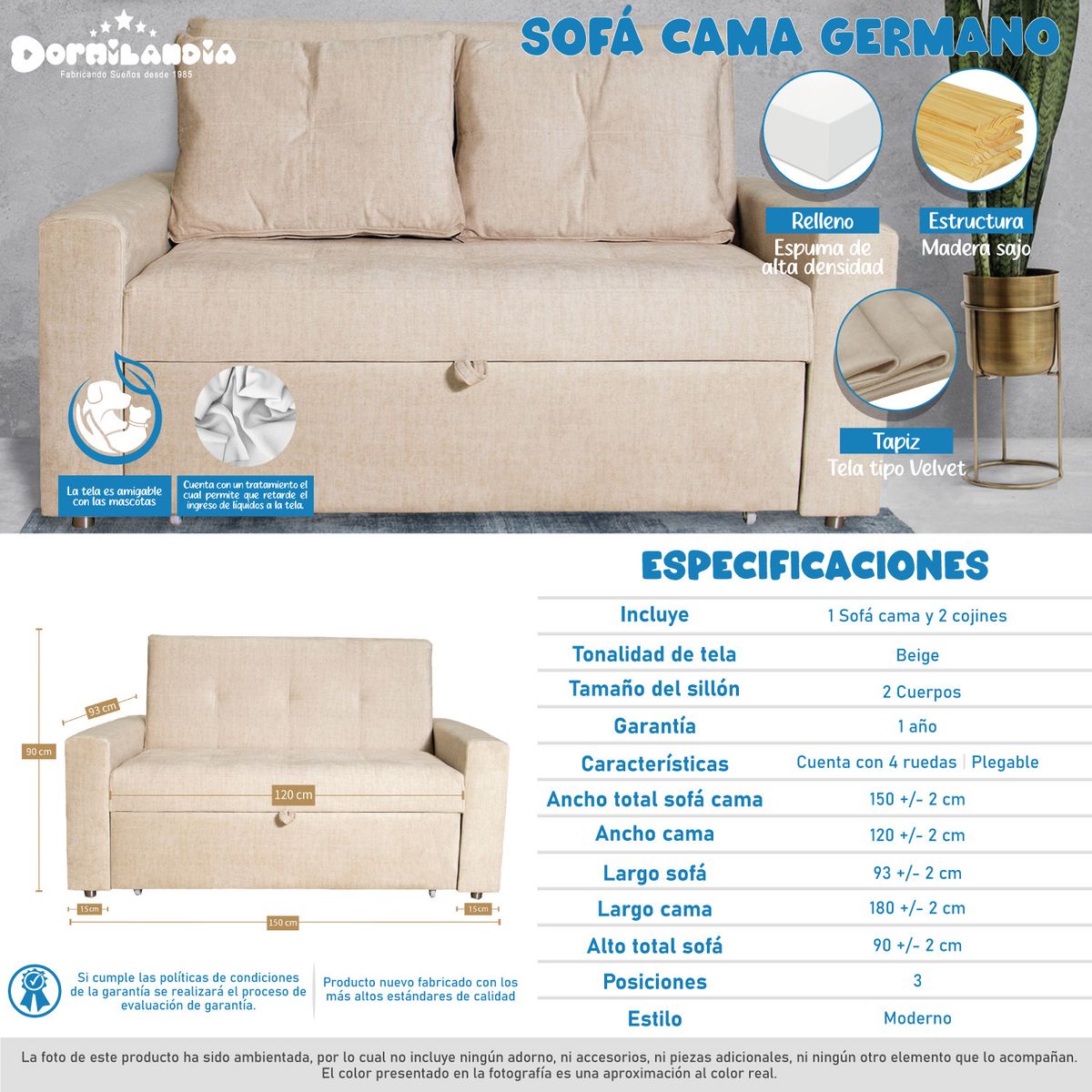 DORMILANDIA - Sofá Cama Beige Germano 3 Posiciones + 2 Cojines
