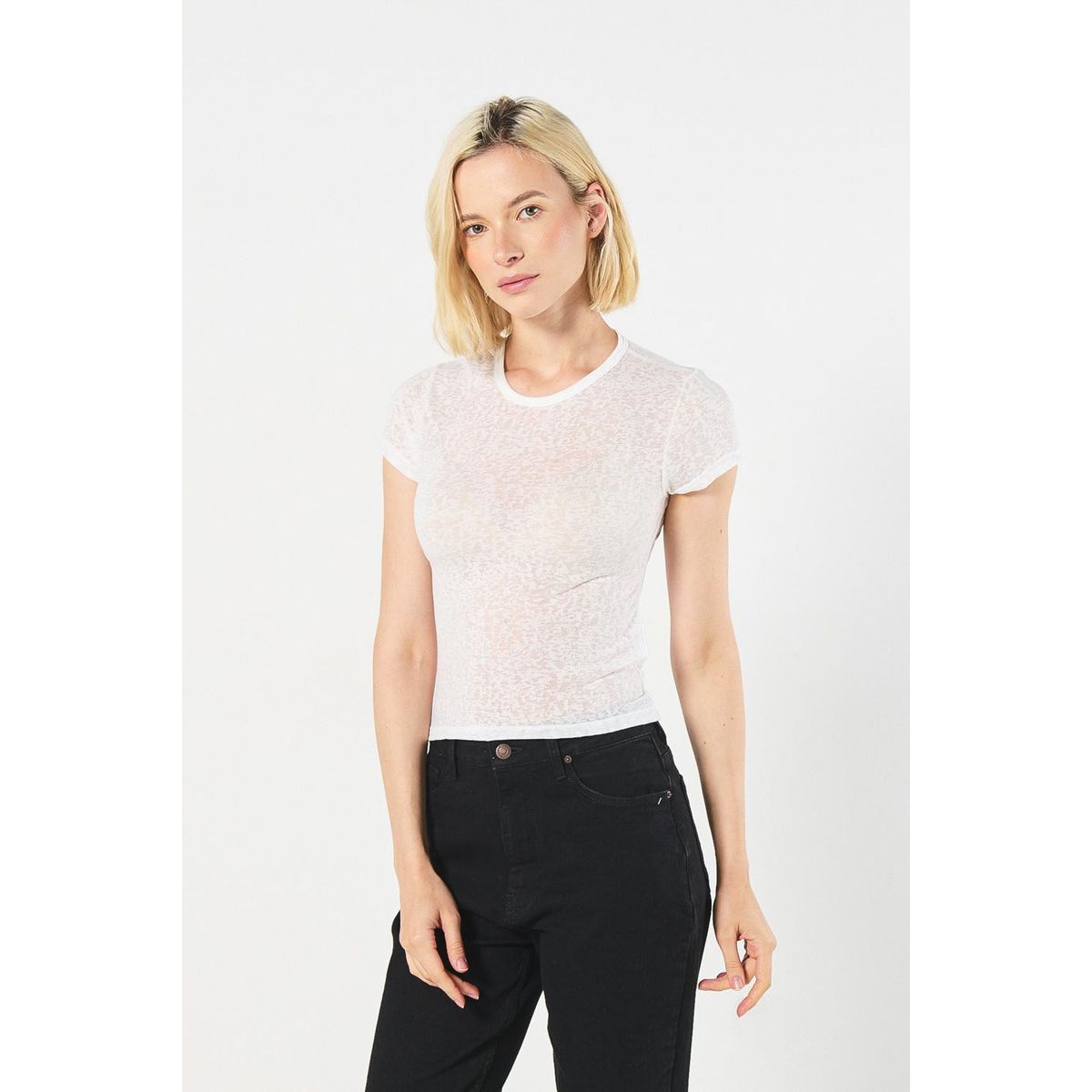 KOAJ - KOAJ Camiseta crema clara manga corta en tela devore Mujer