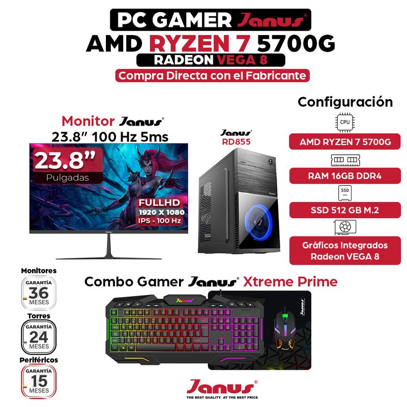 JANUS - Computador AMD Ryzen 7 5700G RAM 16GB SSD 512GB Monitor 24 Pulgadas 100Hz