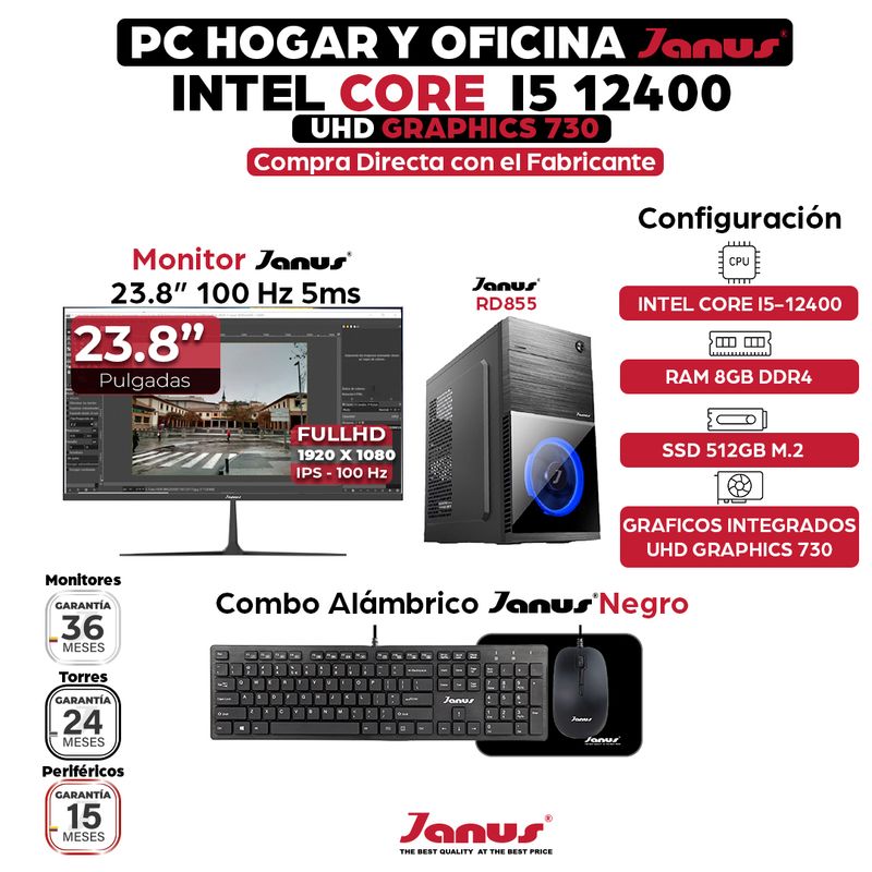 JANUS - Computador Intel Core i5-12400 RAM 8GB SSD 512GB Monitor 24 Pulgadas 100Hz