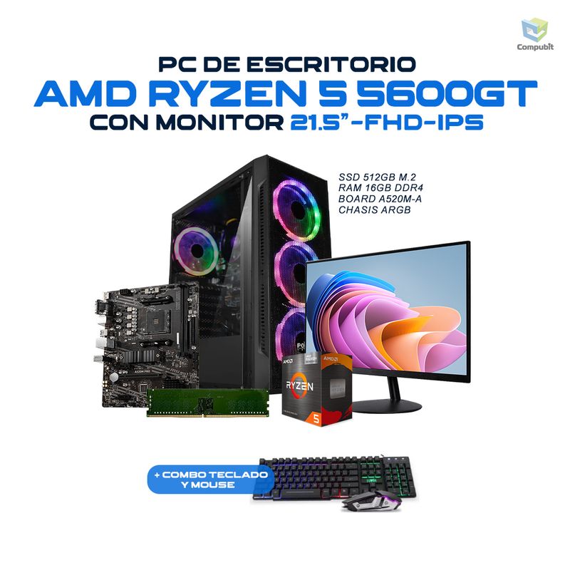 POWER GROUP - PC GAMER AMD RYZEN 5 5600GT 16GB 512SSD Monitor 21.5” - R56162SM