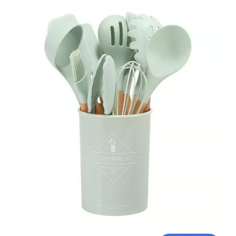 GENERICO - Juego Utensilios Cocina Silicona X12 Sin Bpa Mango Madera