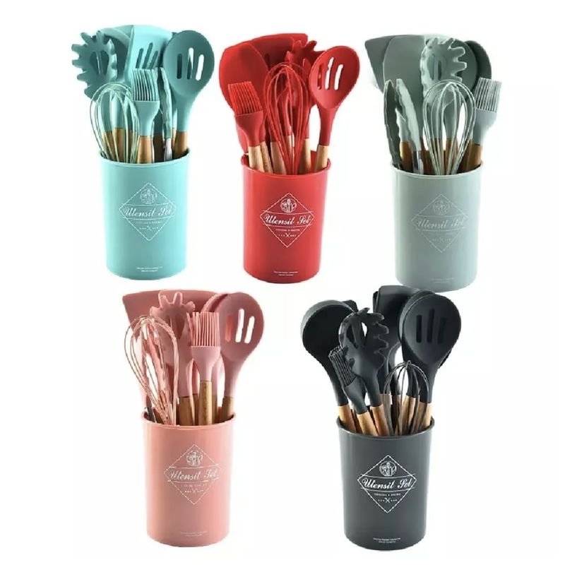 GENERICO - Juego Utensilios Cocina Silicona X12 Sin Bpa Mango Madera