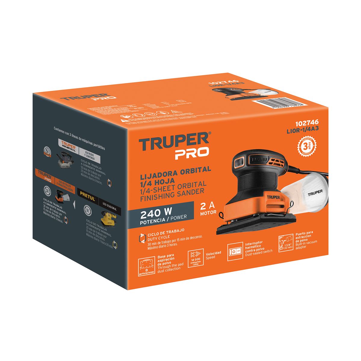 TRUPER - Lijadora Orbital 1/4 De Hoja 240 W Truper Pro 14000 Opm