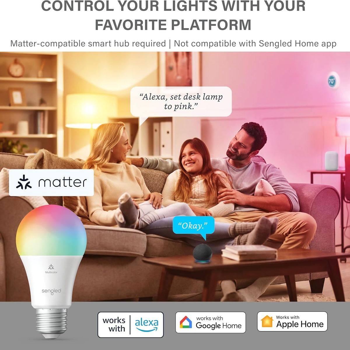 SENGLED - Sengled Bombilla LED inteligente A19 multicolor compatible con Alexa