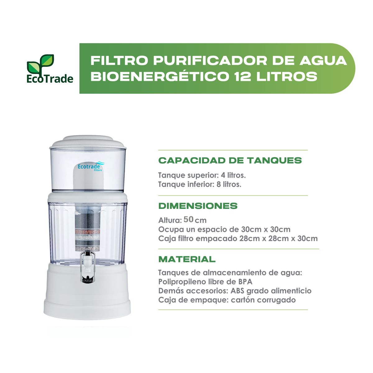ECOTRADE FILTERS - Filtro Purificador Agua 12 Litros Tapa Plana Ecotrade
