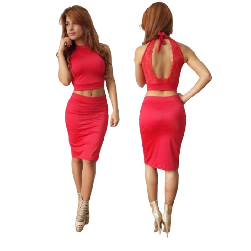 VIA7 - Conjunto de falda  y blusa corta encaje espalda