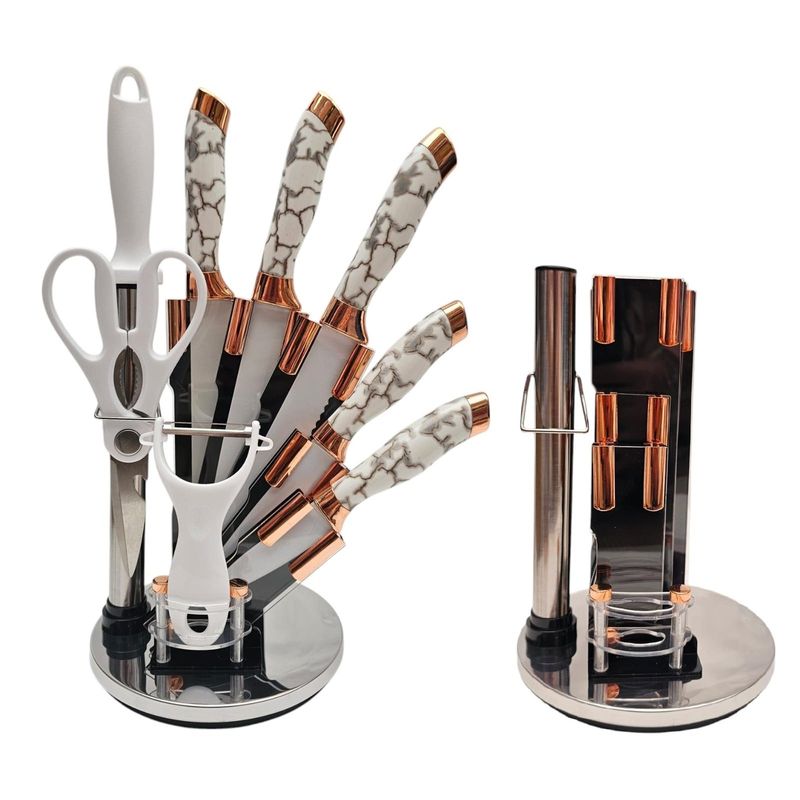 GENERAL - Set Cuchillos 9 Piezas + Base Giratoria Blanco Acero Inoxidable